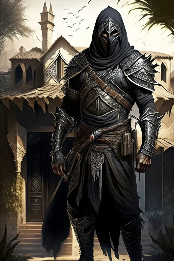 Arab warrior Full Body Full Armored Wearing Face Masculine Mysterious Powerful Fantasy High Quality with his bow black clothes His house behind him