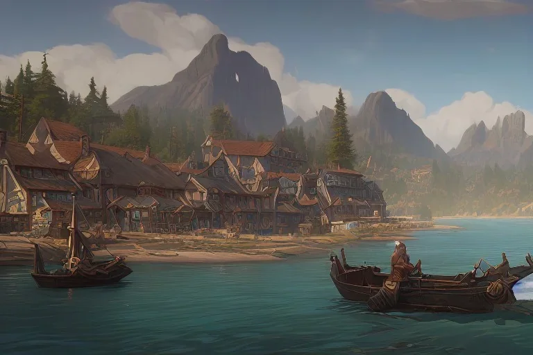 Wooden medieval fantasy docks in poor village, daytime, light shafts, adventurers, trees, bustling, mountains in the background, boats, sto brewing in the horizon