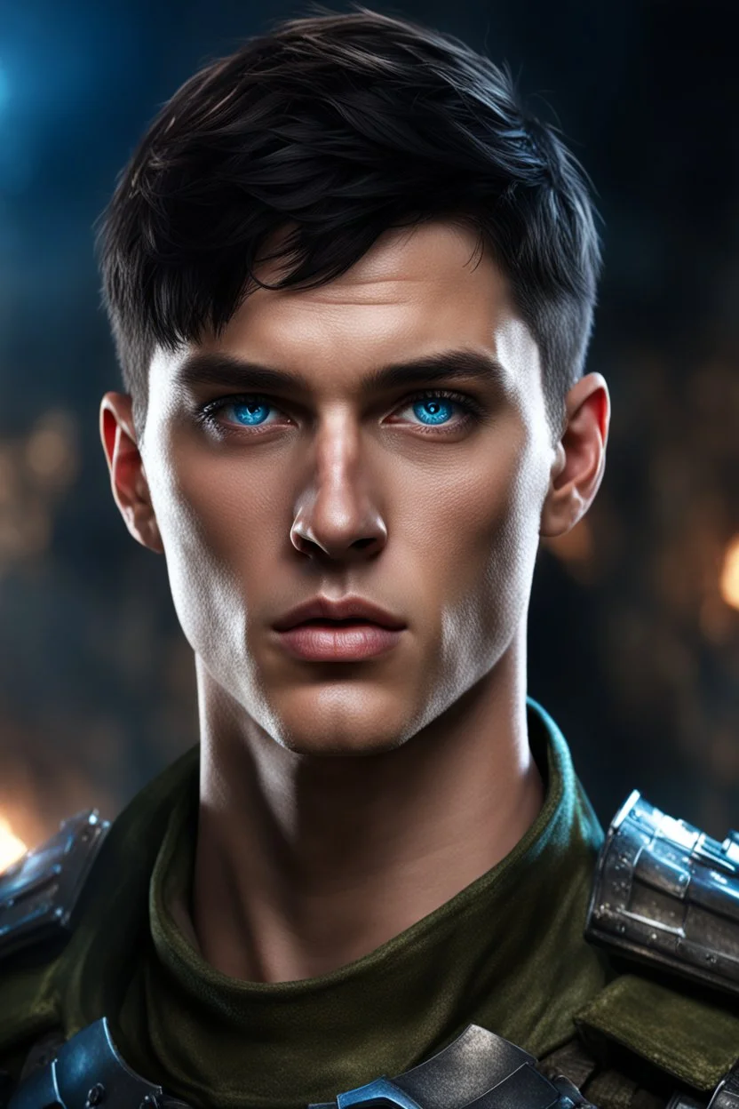 27 year old male with short dark hair and blue eyes, army combats, photorealistic, 4k, dark fantasy