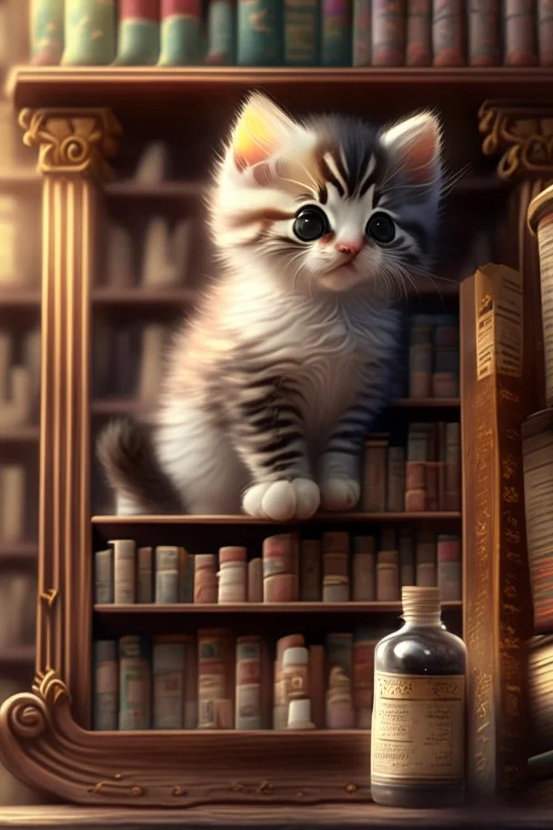 cute kitten on bookshelf in an apothecary. HD. High quality