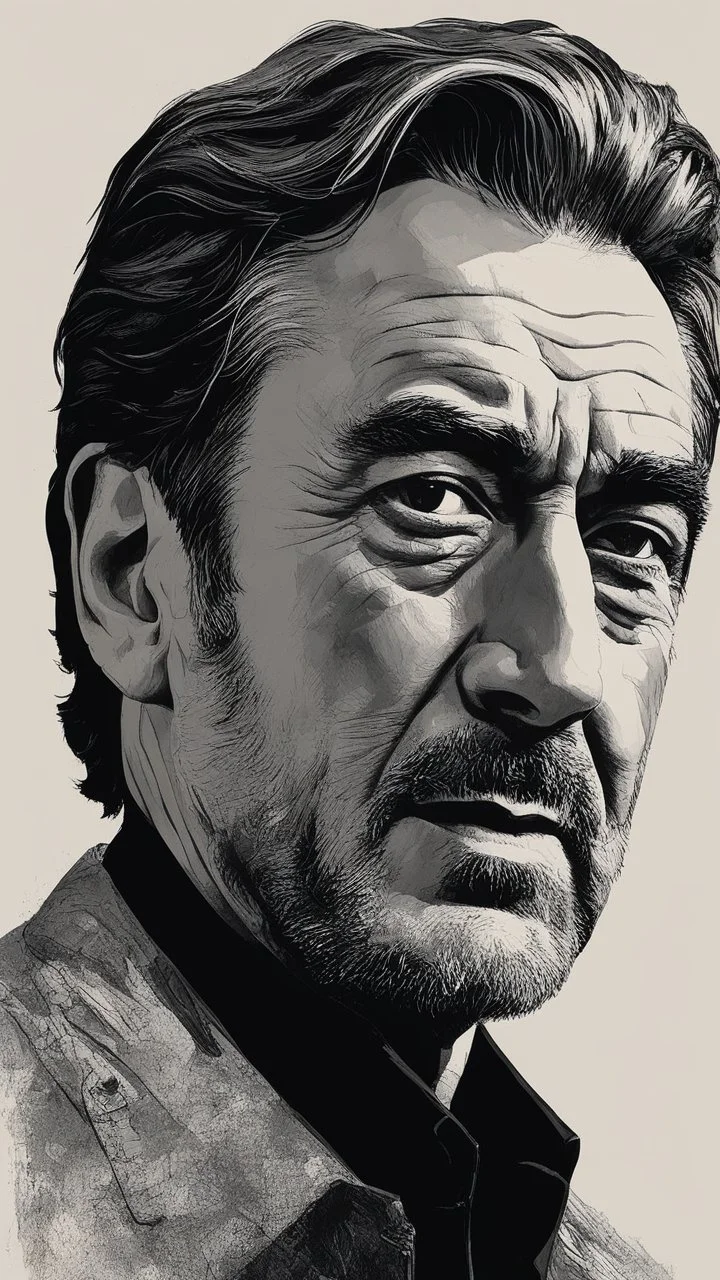 chiaroscuro portrait illustration of Robert de Niro in the style of threadbare abstract expressionism, ebony , black, and pewter , vintage abstract cut-and-paste, ricoh gr iii, editorial illustrations, fine lines, highly detailed hair and facial features