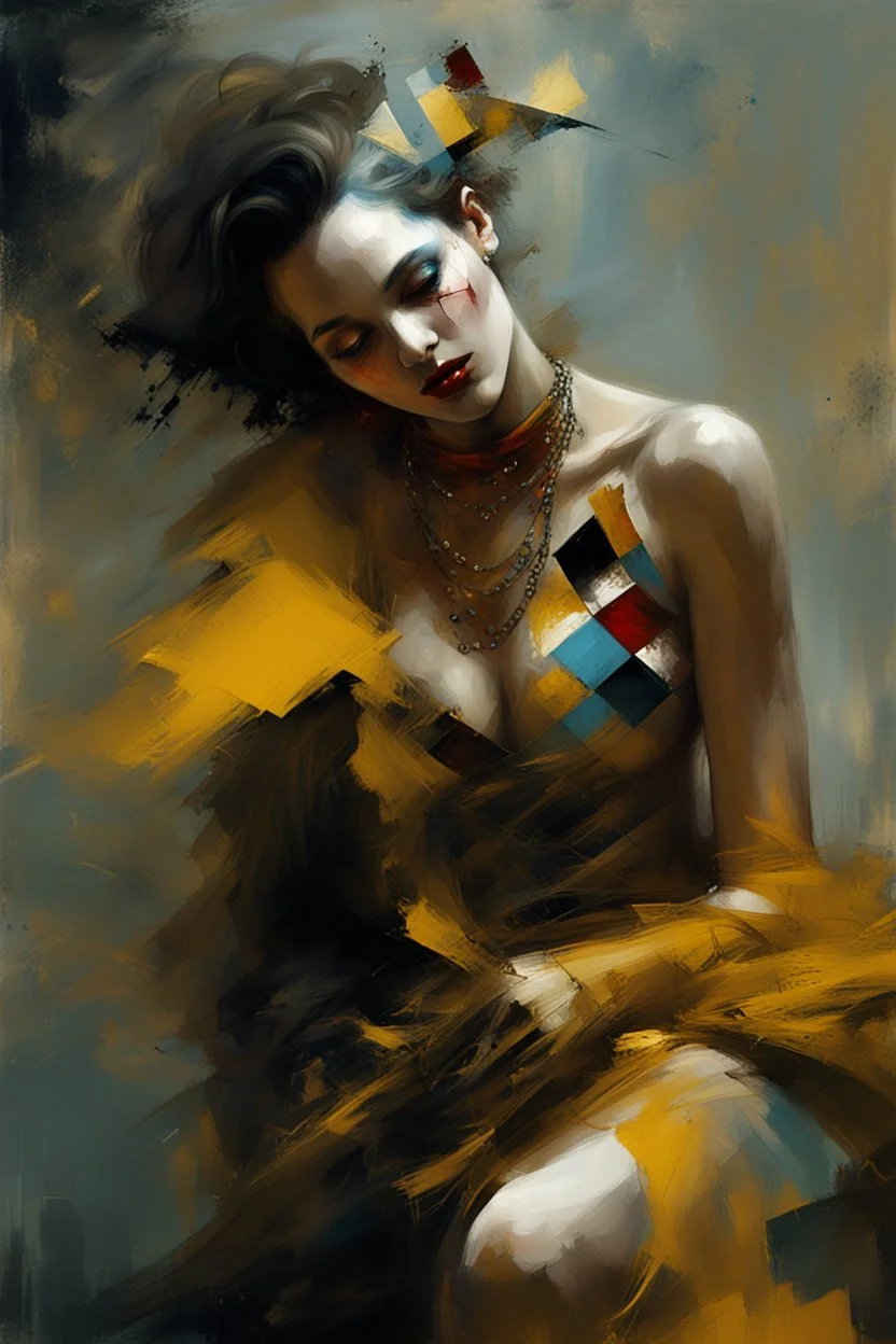 Digital Art of merry harlequin embodying the essence of merriment in a , minimalist approach, influenced by Luis Miranda, Jeremy Mann, Jeffrey Catherine Jones, blends conceptual art with elements of painting and illustration, somber tones, fragmented souls, shadow play, diffuse textures, abstract forms, digital painting, high conceptuality, palette inspired by Jeffrey Catherine Jones, golden ratio composition, fine detail, cinematic lighting.