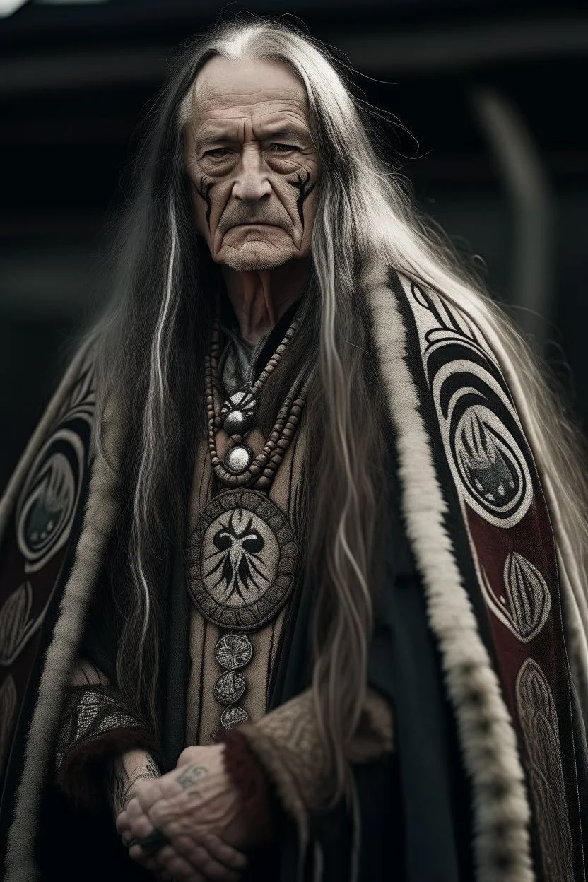 clean shaven old long haired warrior with tribal tattoos and cloak