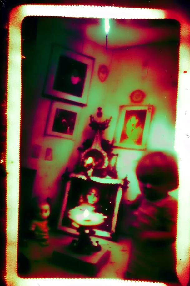 1960s photo old blurred analog damaged flawed defective polaroid photo, in the nursery, occult satanic ritual on halloween night, Cross processing