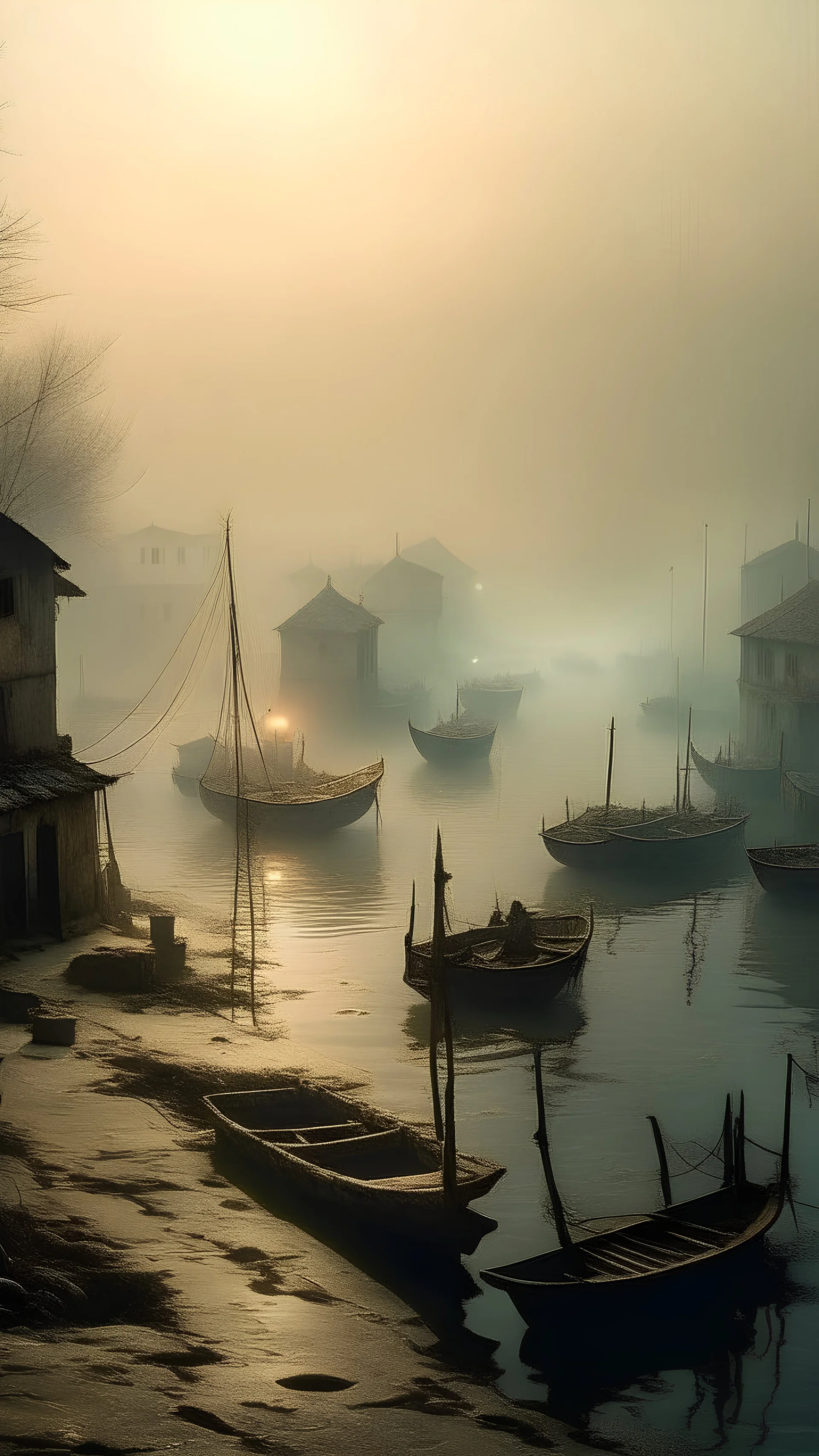 Qaitbay Citadel in Alexandria, fishermen’s boats anchored around it, fishermen putting fishing nets on their boats, fog covering the place, the moment the sun rises