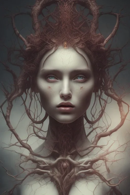 portrait photography of an ethereal beautiful animal goddess, Fire theme art, Dark moody night atmosphere, Portrait of a woman by Michelangelo, 8K, close-up face, anatomically perfect face, oak tree roots, ignore NSFW