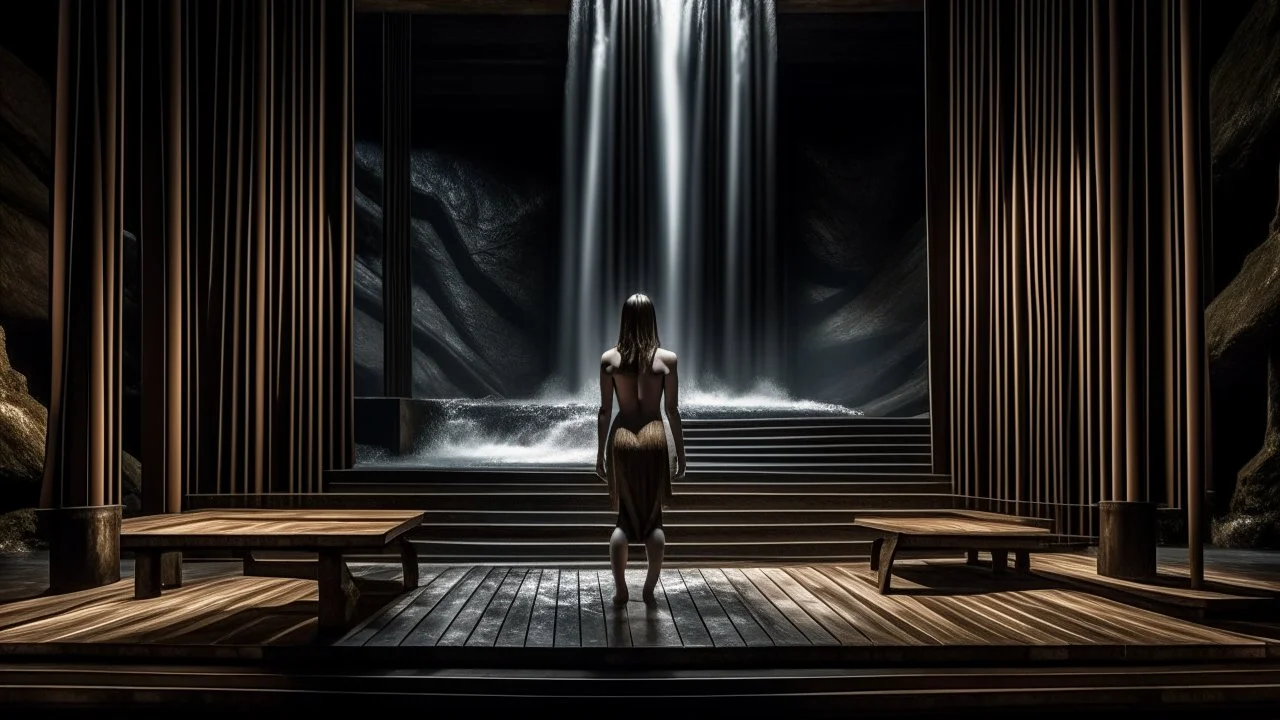 A nude female figure standing on a wooden platform, surrounded by a dark, industrial environment with a large, cascading waterfall in the background