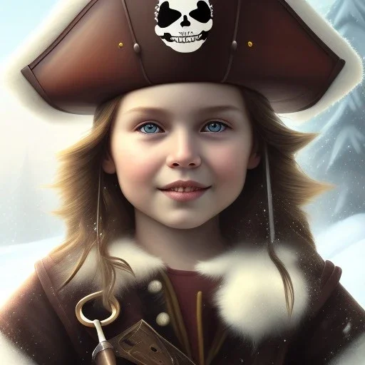 Portrait of pirate child with brown hair and with cute face, north pole snowy vibe , perfect composition, hyperrealistic, super detailed, 8k, high quality, trending art, trending on artstation, sharp focus, studio photo, intricate details, highly detailed, by greg rutkowski