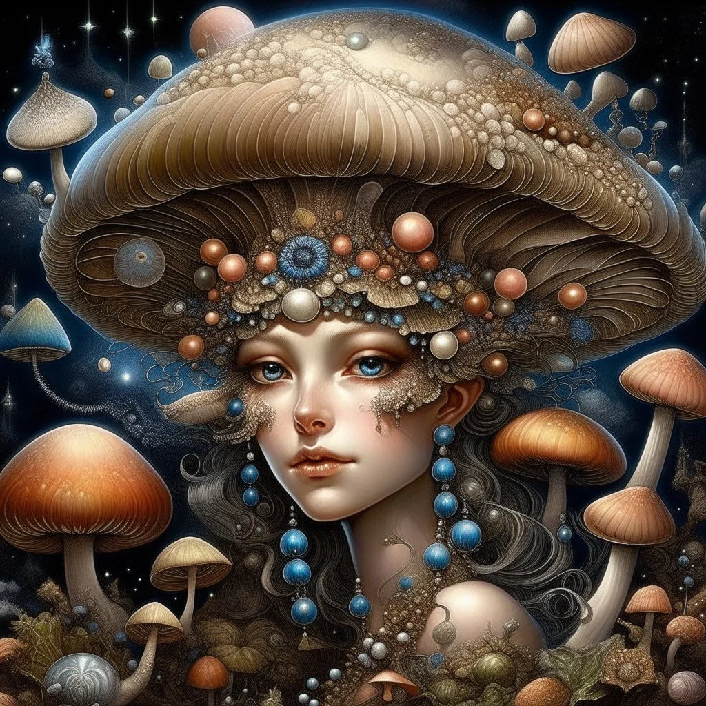 Beautiful rococo mushroom fairy, detailed eyes, realistic features, hq, fungi, celestial, moon, galaxy, stars, by Salvador Dalí, giger, Hieronymus Bosch, victo ngai, fungi, celestial, Ryan Hewett