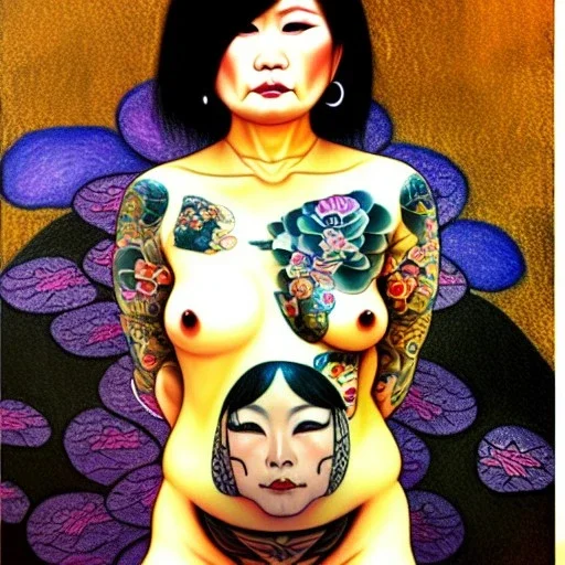 dibujo al oleo de cuerpo entero de una mujer yakuza con tatuajes estilo Gustav Klimt 8k