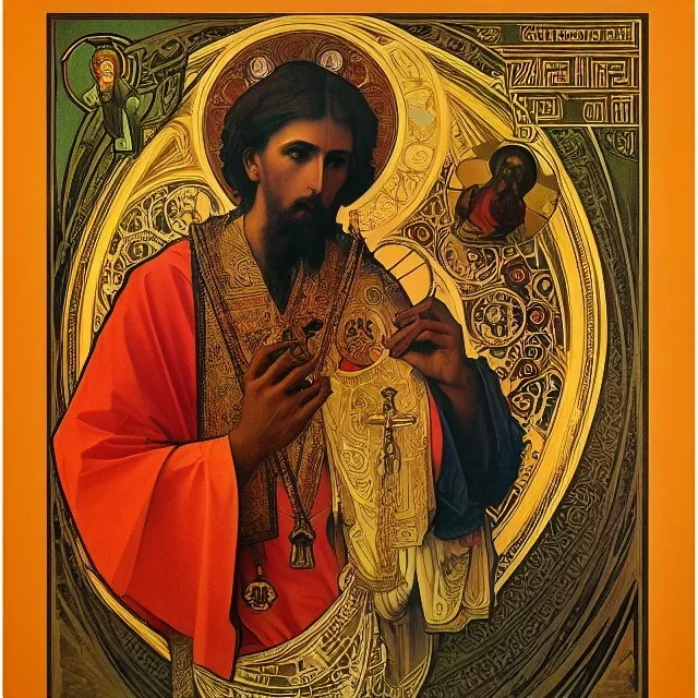 patron of photographers holding a camera in one hand and film roll in the other. orthodox icon with saint photographer. Cyrillic inscriptions. hyperdetailed, Alphonse Mucha, Zdzisław Beksiński, poster, illustration, ink, oil on canvas, 18th century atlas