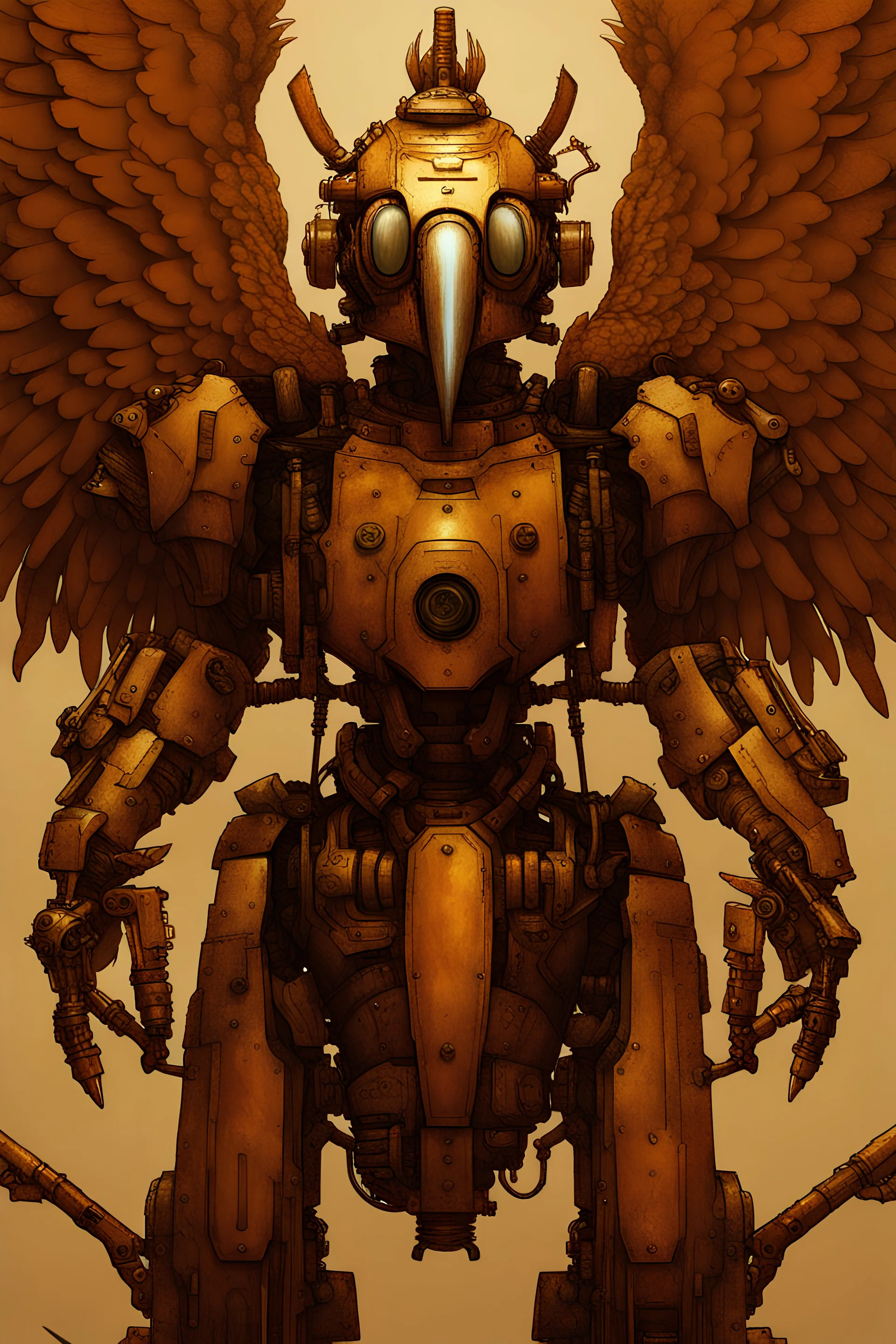 Angle Raw, A full length cyber buceros bird mixed with a rusted robot, carrying a weapon,8k ultra detail, baroque painting by AI