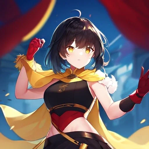 Clear focus,High resolution, Black short fluffy hair, and yellow eyes, wearing a black short skirt, sleeveless crop top, wearing long dark red gloves, yellow cloak, Holding hand out