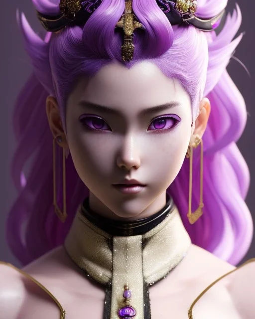 Detailed anime Kunoichi boy, purple hair buns, purple bangs, black latex bodysuit, intricate details, full body portrait, keep head in frame, slight smile, black Japanese motif, concept art, highly detailed, digital painting, concept art, sharp focus, illustration, art by Yoji Shinkawa, WLOP and greg rutkowski and alphonse mucha and artgerm and yanjun Chen and Junji ito and Makoto Shinkai, HDR, octane render