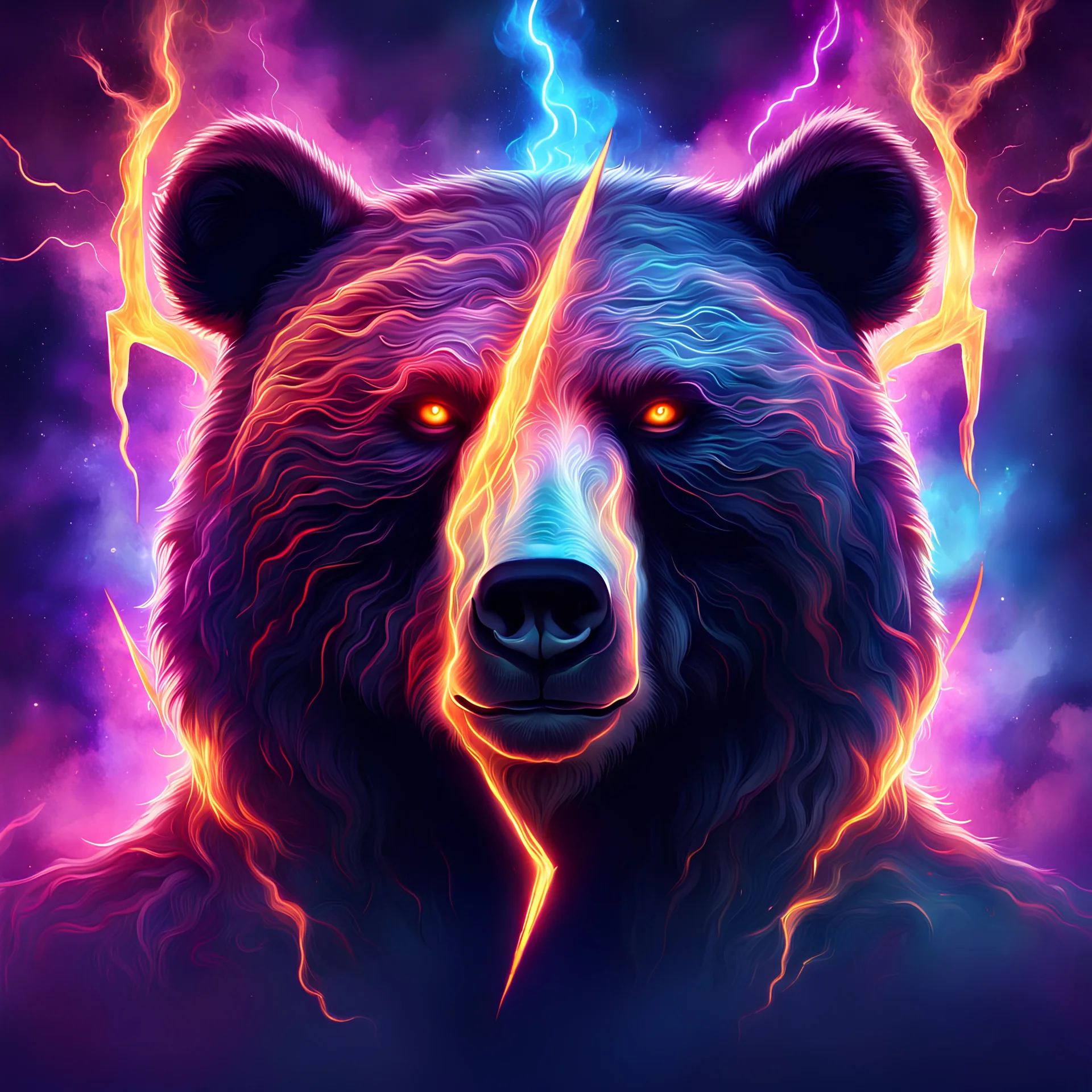 neon, abstract, amazing shadow and lightning, 4k, cinematic, glowing eyes, cosmic, face, dream, space, stars, amazing, art, glowing, fire, fantasy, crazy, ultimate, club, insane, digital painting, watercolor, bear, pagan, runes