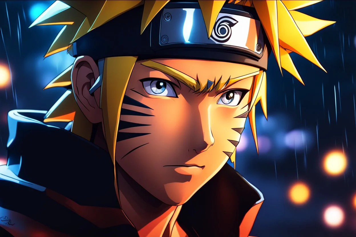 Naruto in 8k realistic anime drawing style, close picture, rain, neon lights, intricate details, highly detailed, high details, detailed portrait, masterpiece,ultra detailed, ultra quality