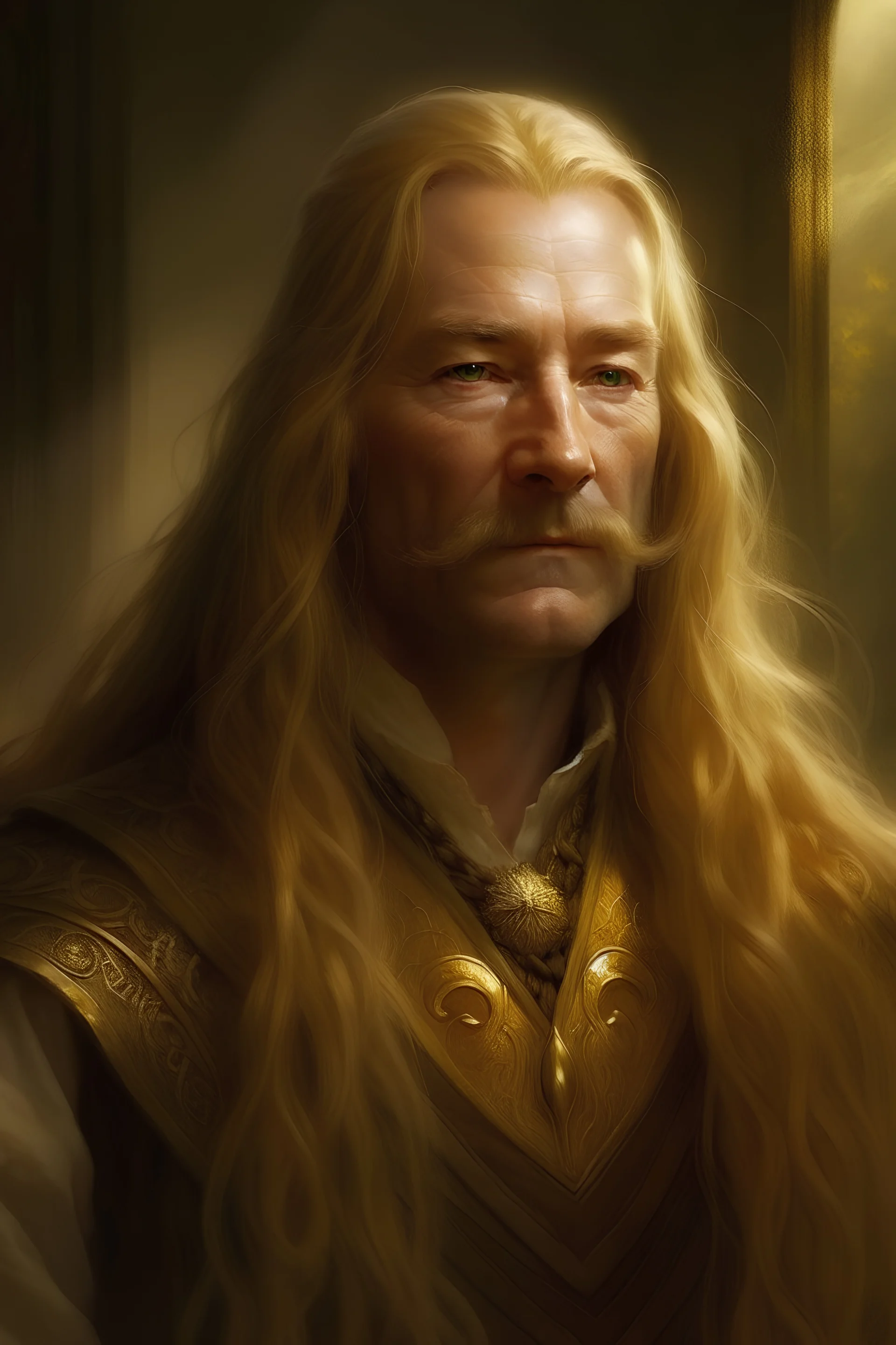 A serene Lord Of The Rings like man with long golden hair that cascades gracefully. His calm eyes, with blind pupils, reflect a depth of wisdom and inner peace. A gentle smile graces his face, adding warmth to his tranquil demeanor.