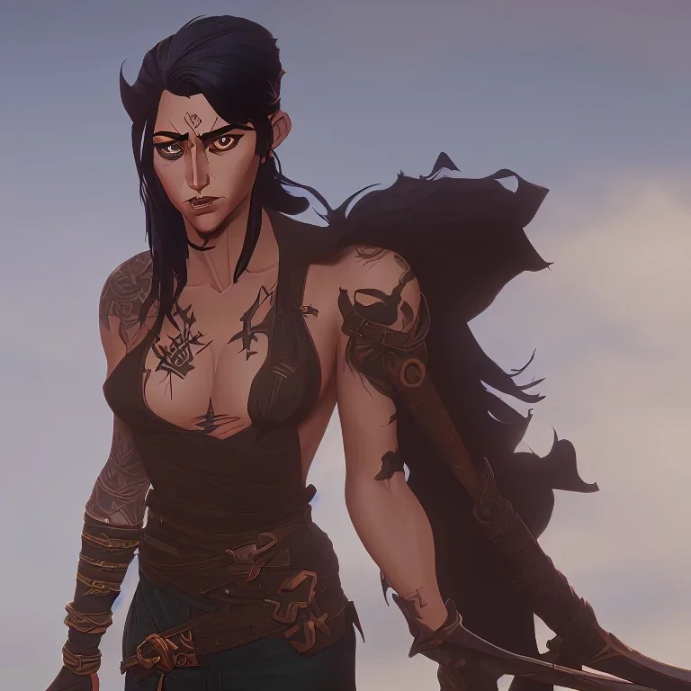 Warrior woman with medium wavy black hair, brown eyes, big breast, topless, glistening muscles, with a dagger in each hand.