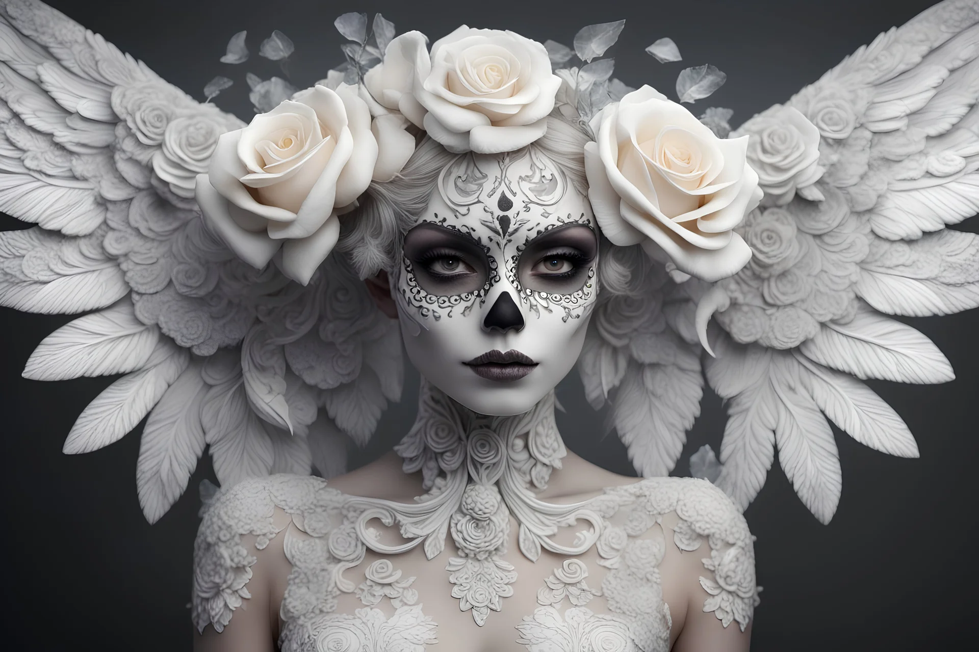 beautifull sugarskull , pretty eyes , big wings, Absolute harmony, ornate pattern, White roses covered with rime, magical, inspired by a fantastical world, crystallized product photography, soft light, volumetric lighting, ultra-detailed photography, grey background, Perfect anatomy. "hibli studio + super high resolution + UHD + HDR + highly detailed + FStop 2. 8 + 150mm lens + high fidelity + studio shot + award winning + ray tracing", epic royal background, big royal uncropped crown, royal jew