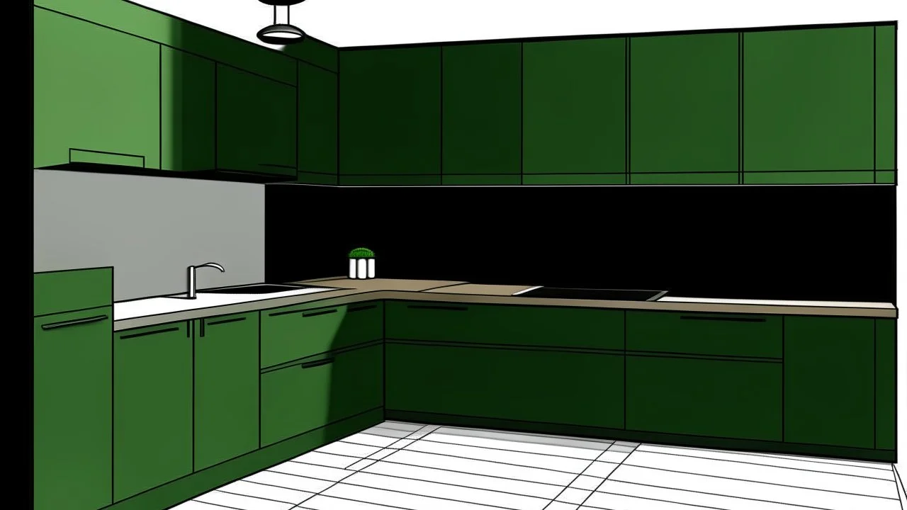 kitchen with dark green furniture, forest wallpaper on a white wall, very realistic