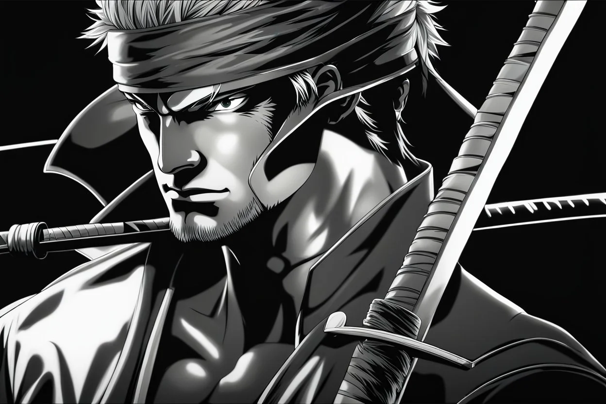 Roronoa Zoro in 8k 2D anime realistic drawing style, close picture, fantasy, neon, highly detailed, high details, detailed portrait, masterpiece,ultra detailed, ultra quality