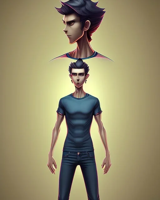 a tall rattled guy with short dark hair tousled on top, a long neck and long limbs and is wearing a t-shirt with a shirt over and skinny jeans. pokemon style