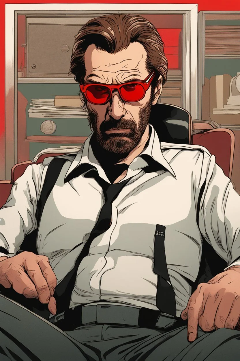 a badass, angry Hans Gruber wearing solid red glasses