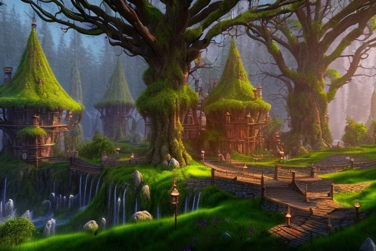 Immersive​ fantasy elven town house city in the deep forest with ancient elder tree blossom river 4k full hd