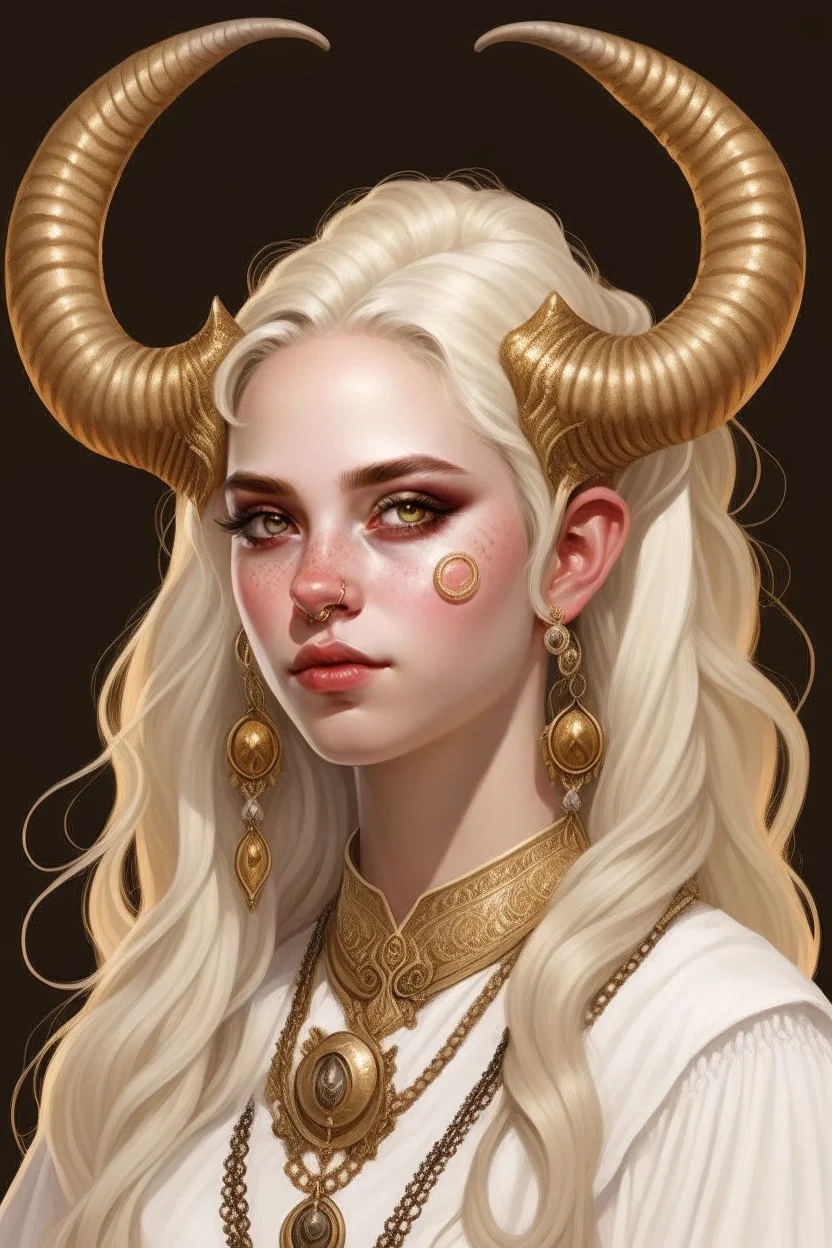 A teenage tiefling woman with a set of ram horns on her head encrusted with jewels, White-Blonde, long hair, dressed in white and gold with lots of jewelry