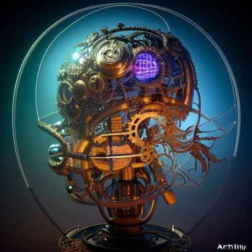 a beautiful highly detailed futuristic nighttime (3D render of a sci-fi baroque concept design of anatomically correct brain device with terrarium, steampunk, intricate details, scientific, hyper detailed, photorealistic:1.4) by mark keathley and makoto shinkai, cyberpunk, 70mm photo, featured on artstation, 4k, octane render, (centered composition:1.2), 4k, 8k, octane render, aesthetic, artstationhq