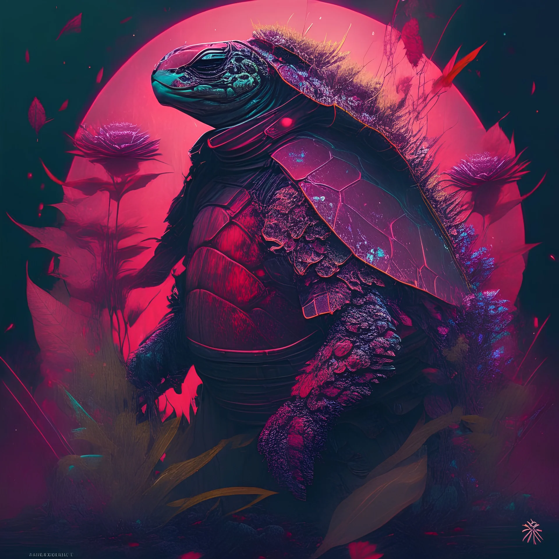 turtle samurai, iridescent, blood, futuristic, guts, wildflower, cosmic, intricate, darkred tones,sidhe, ominous, nature, plants, spce,