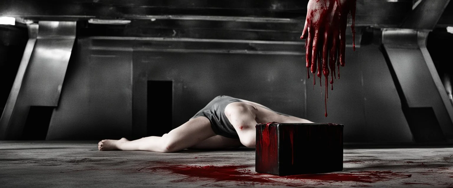 a faceless woman covered in blood holding up an empty black box