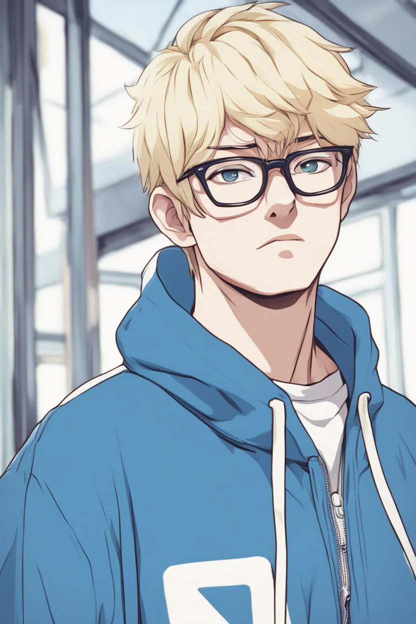 Blonde anime Otaku man in a blue hoodie with glasses