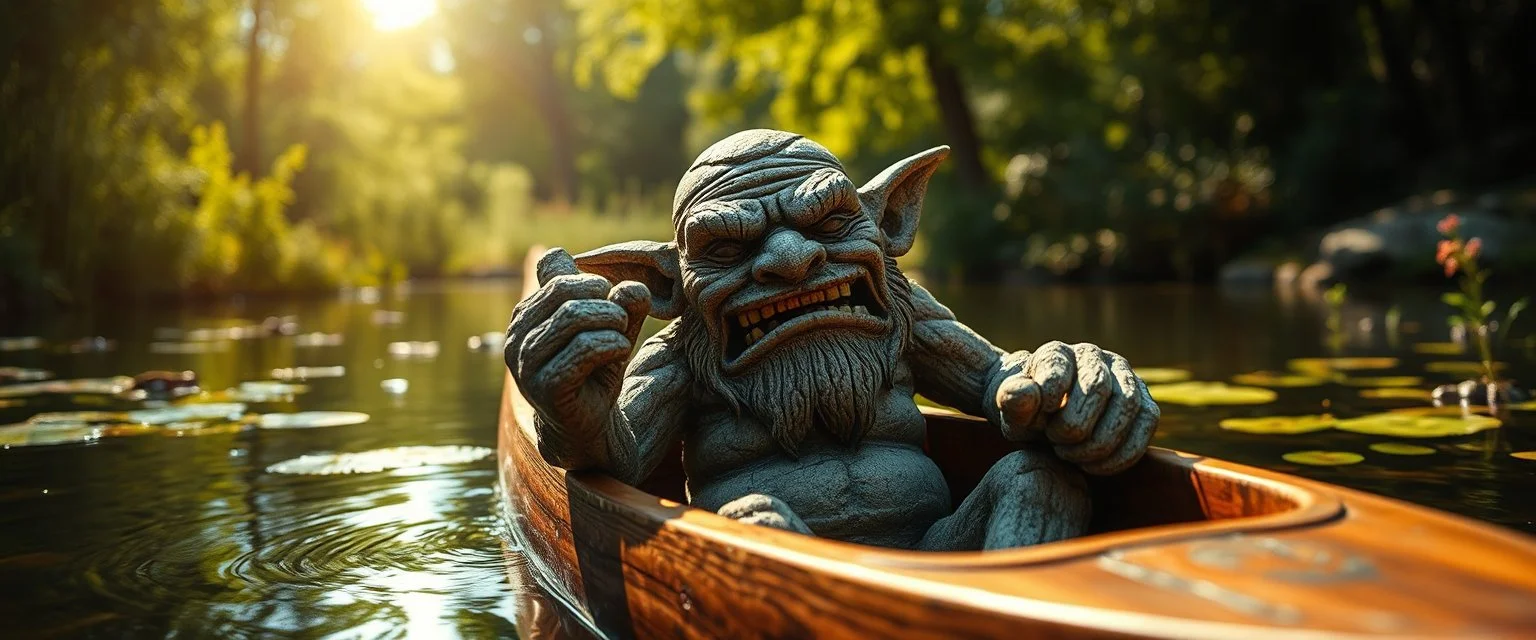 stone garden troll in pain in the sun in a wooden kayak