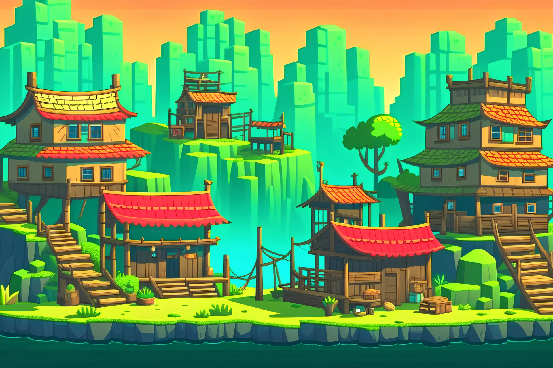 Side scroller village ,2d platformer, stylised ,flat design, game art, enhanced, detailed, side view