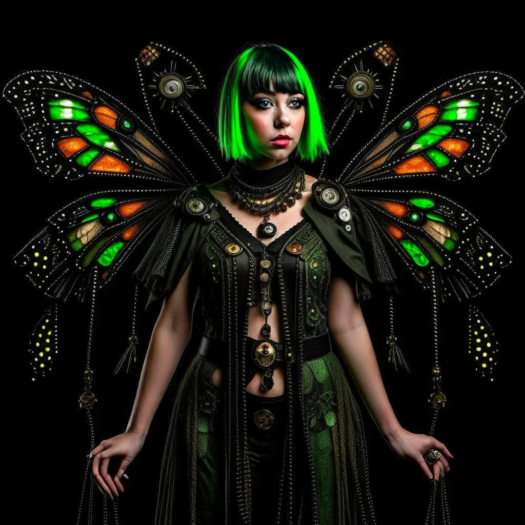 Full body, gothic woman with a bob with a fringe hairstyle, steampunk metal moth wings, green markings, black background