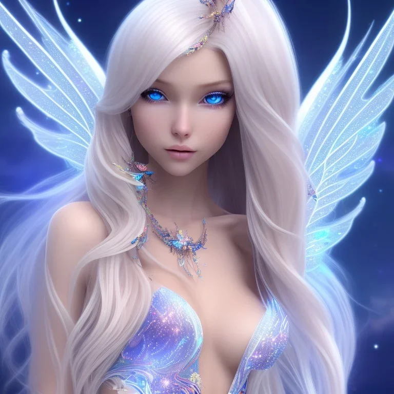  beautiful, soft, smiling, long and straight blonde hair, bluish background, fairy wings on the back