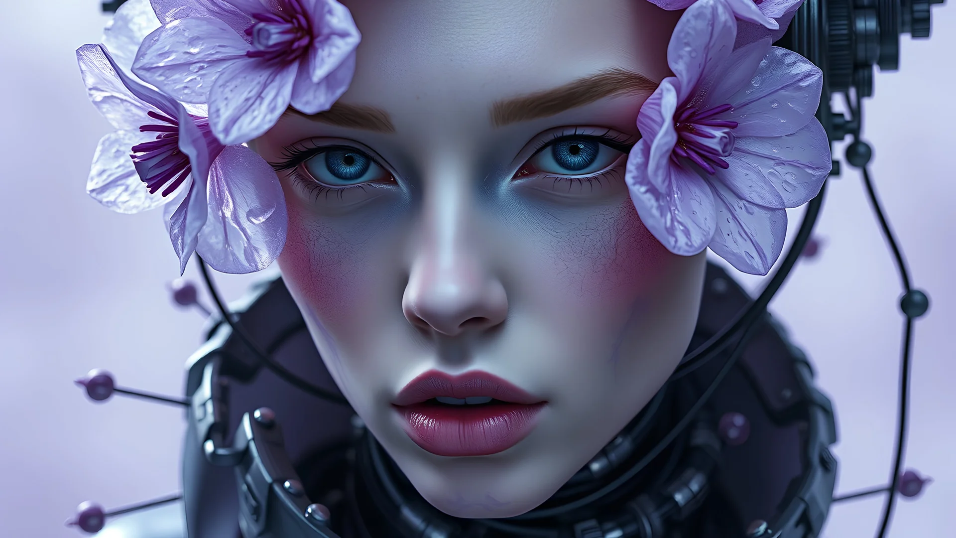 medium portrait body, biomechanical surrealism, sharp eyes cutting through the facial softness, high fashion intertwined with dark elements, purple hues, transparent icy organic flowers meets synthetic textures, mechanical intricacies around the figure, diffused backlighting, digital painting, cinematic, ultra detailed