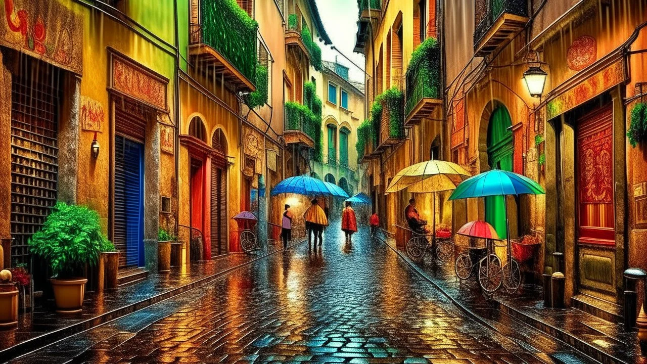Narrow cobbled street in an old town under heavy rain, a multitude of colorful umbrellas creating a living mosaic, wet reflections on the shiny pavement, traditional facades with wrought iron balconies, puddles reflecting diffused lights, steam rising from the wet asphalt, intimate and cozy atmosphere, urban impressionism style
