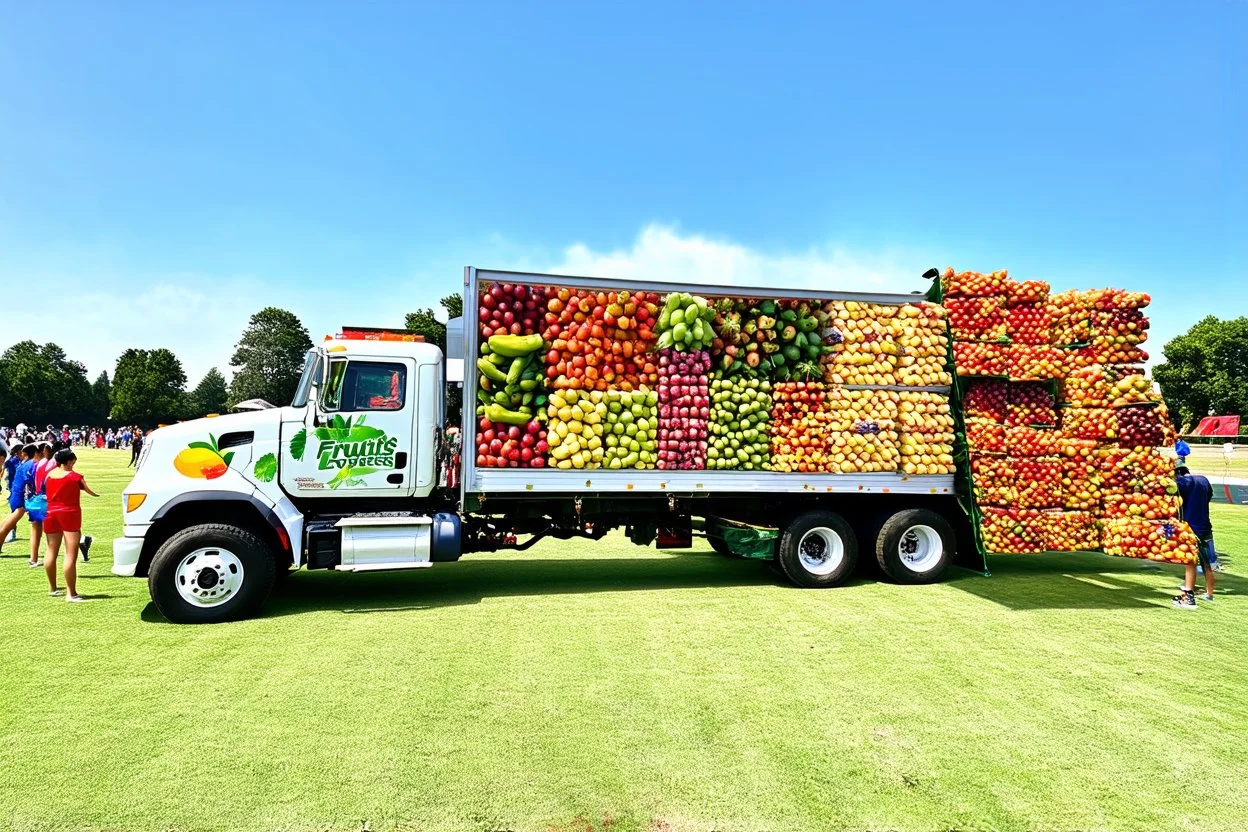 Captivating photo of a large truck full of variety of fresh fruits. The truck's exterior is adorned with an eye-catching "Fruits Express" logo. The fruits spill out of the truck, creating a large carpet of fruits on the grass, around them there are people from various backgrounds collecting the fruits with enthusiasm. The atmosphere is one of joy and happiness, with a clear summer sky.