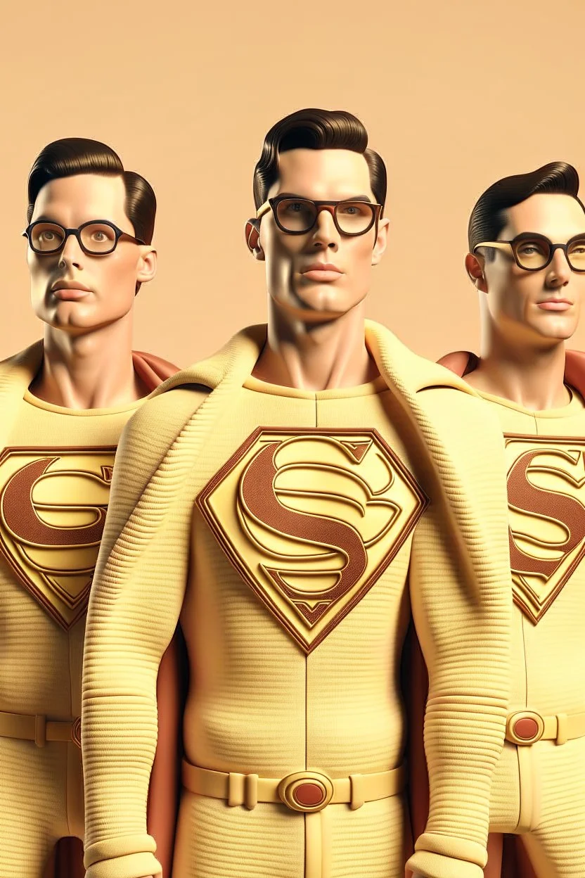 three men in different Gucci Superman's emblem clothing, beige tones, fashion plates, outfits, modern designs, deconstructed tailoring, rendered in cinema4d –q 2 –ar 3:5