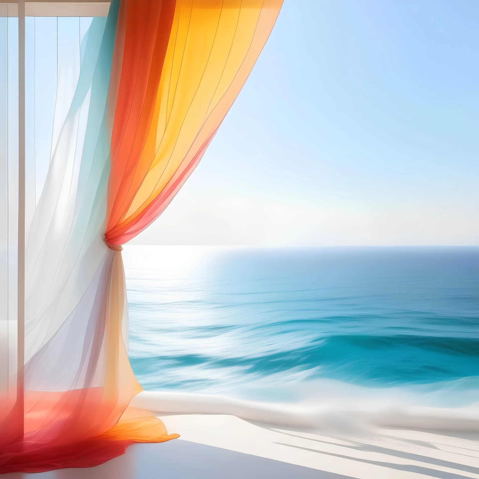 A white curtain above the sea, turquoise, pink, orange, yellow, wind blowing