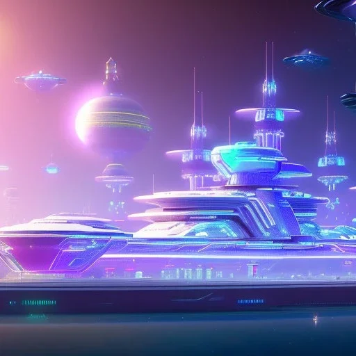 flying ship, futuristic city with astroport and transparent bridges, galactic landsacape with multicolored crystals falling from the sky, full of details, smooth, bright sunshine，soft light atmosphere, light effect，vaporwave colorful, concept art, smooth, extremely sharp detail, finely tuned detail, ultra high definition, 4 k, unreal engine 5, ultra sharp focus