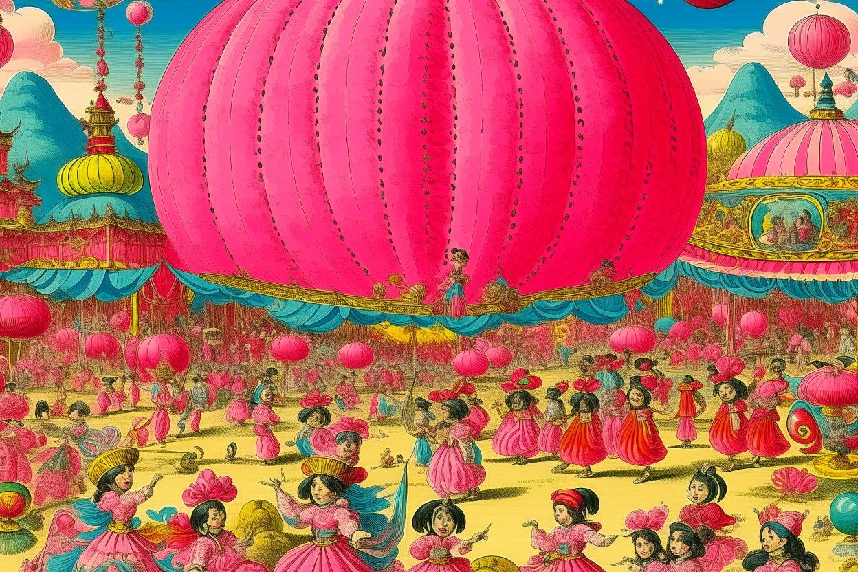 A pink magical carnival with psychic orbs designed in Navajo yarn painted by Utagawa Hiroshige