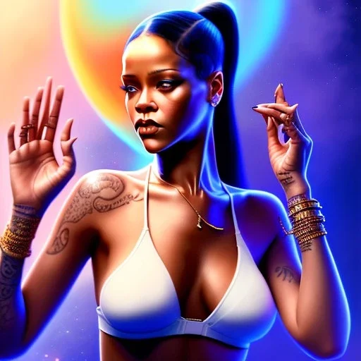 rihanna as man, yoga artist on a boat in the air, maze background , levitated lab equipment, 4k, Highly Detailed, Masterpiece, perfect eyes, Digital Illustration, Cinematic Lighting, Realistic, Sharp Focus, Centered, Beautifully Lit, Bioluminescent by Stanley Artgerm Lau