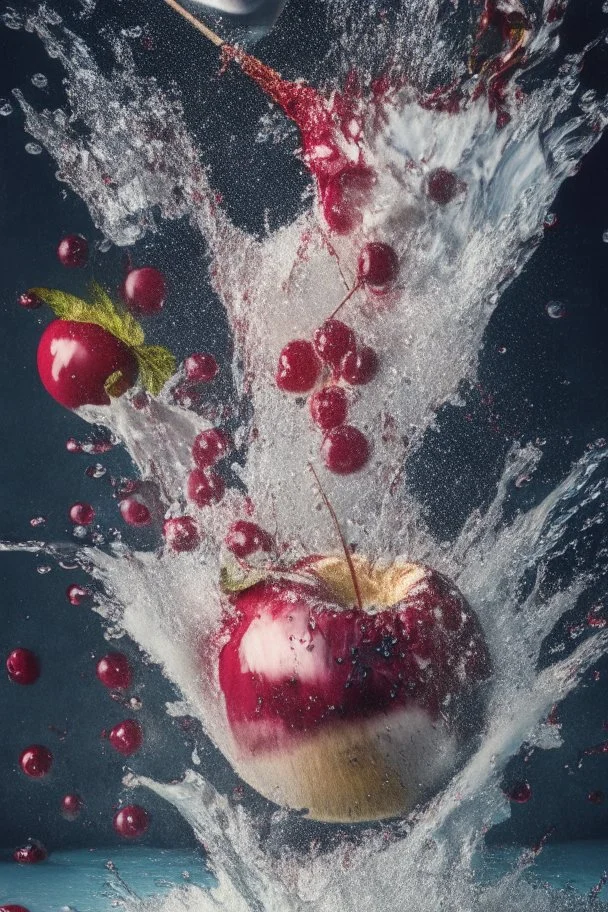 Explosion, splash, cherry is falling into the water, close up, water is splashing radially, centered, perfect composition, vogue style, Creative food photography, softbox, trending on art station, sharp focus, studio photo, intricate details, highly detailed, by Greg Rutkowski, fashion magazine cover