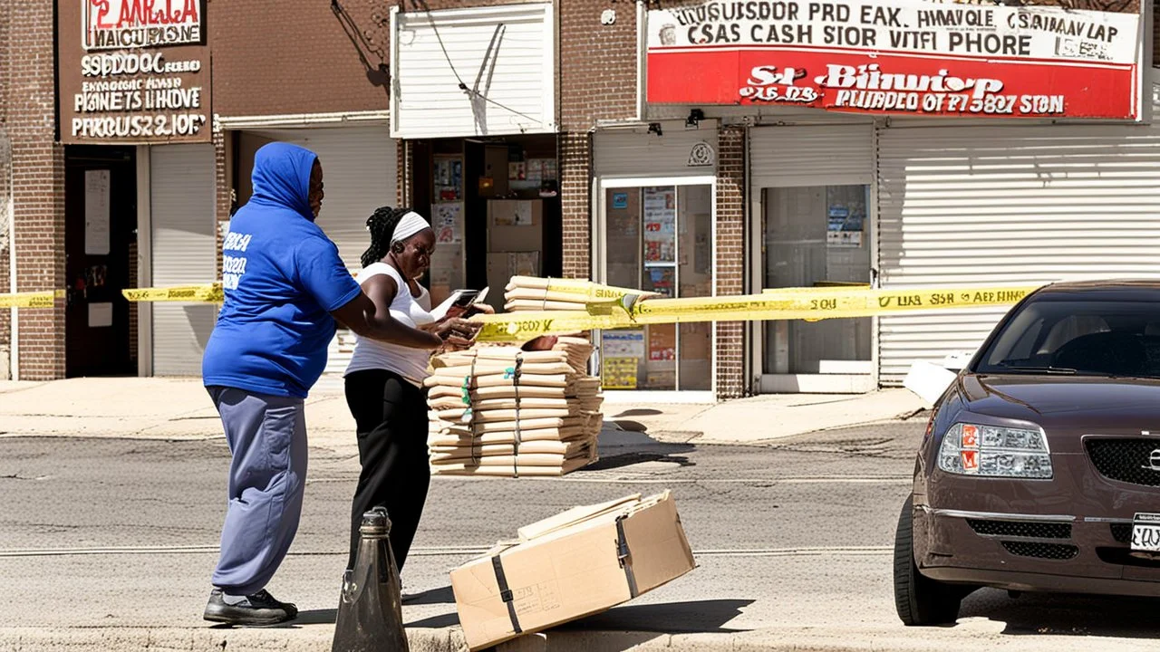 woman hands the bundles of cash her mobile phone provider's located across the street from an boarded up liquor store