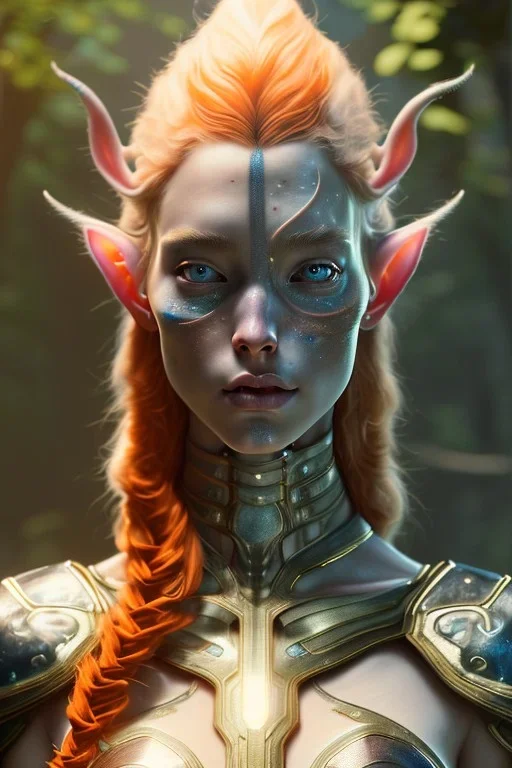 painting of a tall elven young woman with short light orange hair and freckles and tree tattoos on his cheekbones light armor, full body, ultra realistic, concept art, intricate details, eerie, highly detailed, photorealistic, octane render, 8 k, unreal engine. art by artgerm and greg rutkowski and charlie bowater and magali villeneuve and alphonse mucha