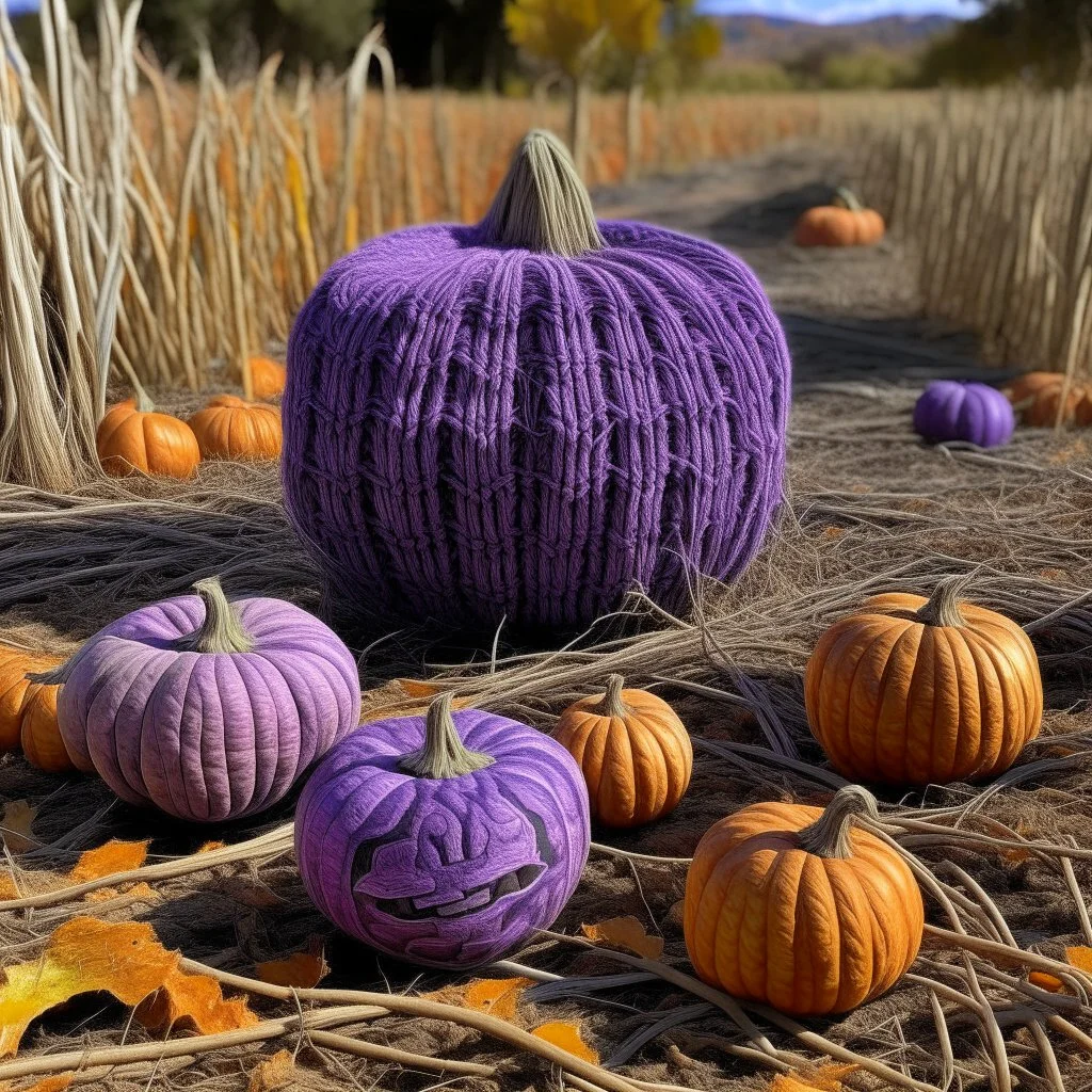 A purple marsh with rotten pumpkins designed in Navajo yarn