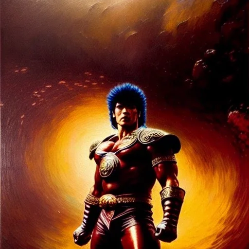 portrait of 'Jagi-Fist of the North Star',ancient metal armor, painting by gaston bussiere, greg rutkowski, yoji shinkawa, yoshitaka amano, tsutomu nihei, donato giancola, tim hildebrandt, oil on canvas, cinematic composition, extreme detail,fit full head inside picture,16k